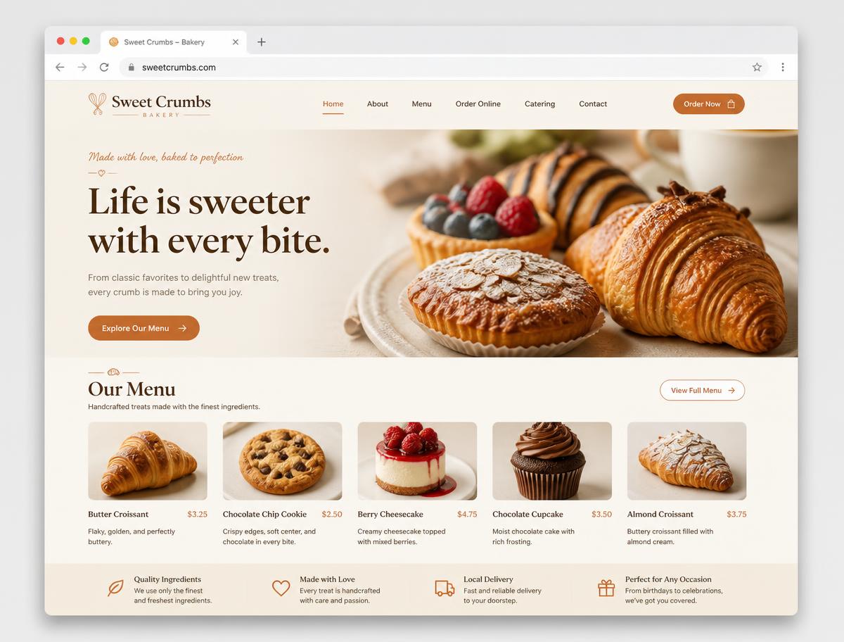 Sweet Crumbs bakery website concept shown in a browser window
