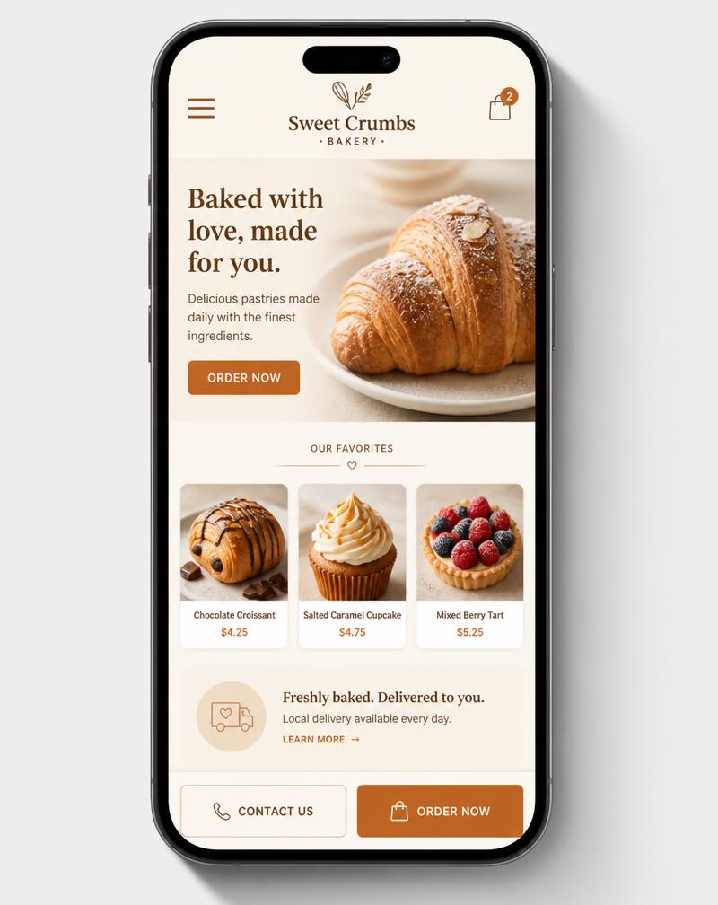 Sweet Crumbs bakery website concept shown on a smartphone